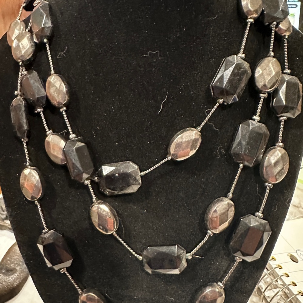 Elegant Triple Strand Black and Silver Beaded Necklace